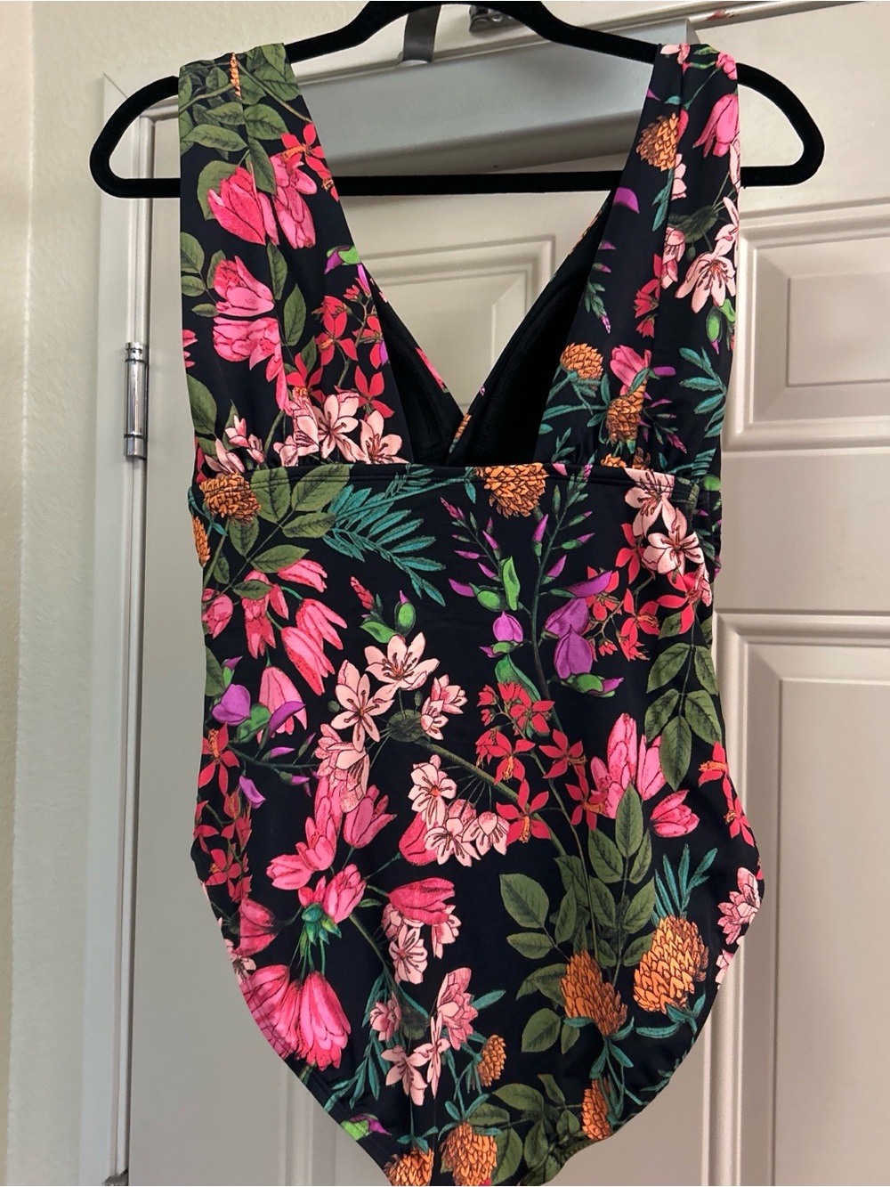 Time and Tru Black Floral One-Piece Swimsuit with Pink & Green Print - Picture 2 of 4
